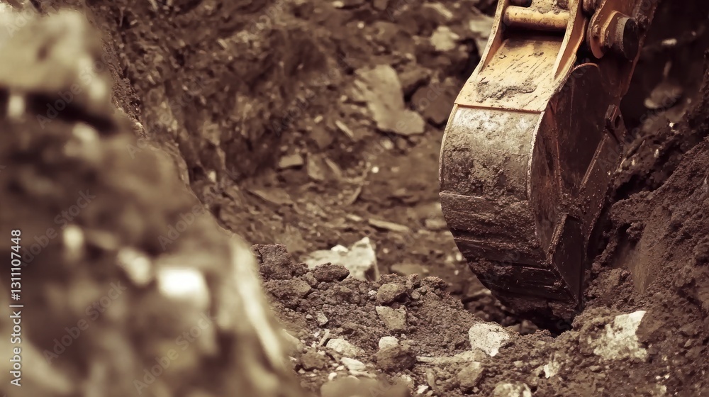 Fototapeta premium Excavator Digging Trench in Dirt