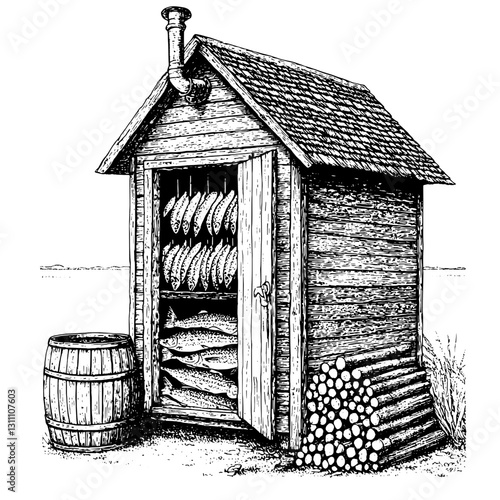 Embrace of tradition and craft captured in a rustic fish smokehouse surrounded by nature's serene beauty and timeless charm
