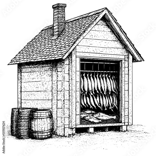 Engraved illustration of a rustic fish smokehouse showcasing fish hanging inside for preservation and flavor enhancement