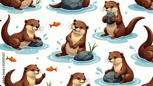 Bobbing Otters in River Play - A seamless pattern of otters frolicking and floating in a playful river.