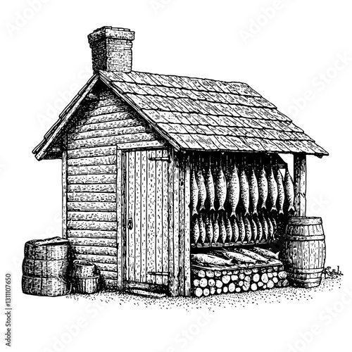 Rustic wooden shed showcasing a variety of hanging fish in a detailed engraved illustration for tattoo and packaging design