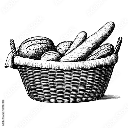 Artistic engraved illustration of a rustic basket filled with various fresh vegetables and bread as a charming design element