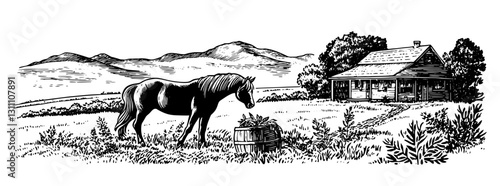 Serene countryside vista with a horse near a rustic cabin and surrounding mountains embellished in engraved style
