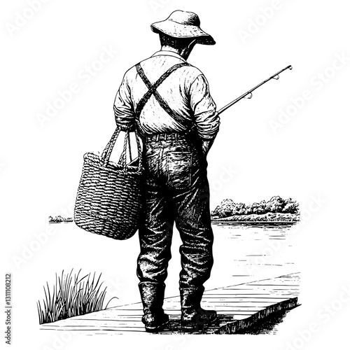 Engraved illustration of a fisherman standing on a wooden dock beside a tranquil river, capturing the essence of a peaceful day outdoors