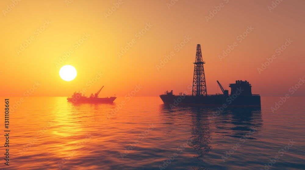 Obraz premium Vibrant Sunset Over Ocean With Oil Rig and Ship Silhouette