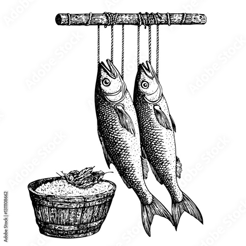 Engraved illustration of freshly caught fish hanging above a basket of salt, perfect for tattoo and packaging design ideas