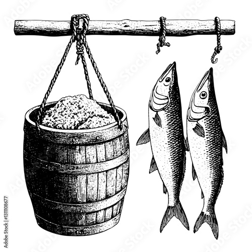 Engraved illustration of a bucket of grain suspended with freshly caught fish exemplifying rustic packaging design