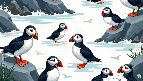 Fluffing Puffins on Rocky Cliffs - A seamless pattern of puffins preening on windswept coastal rocks.
