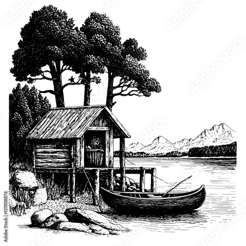 Engraved illustration of a tranquil lakeside cabin with a boat, surrounded by trees and mountains in a serene landscape setting