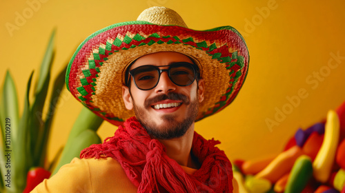 Cinco de Mayo. Festive  mexican man, authentic latin culture mustache, vibrant spanish hispanic sombrero.  photo