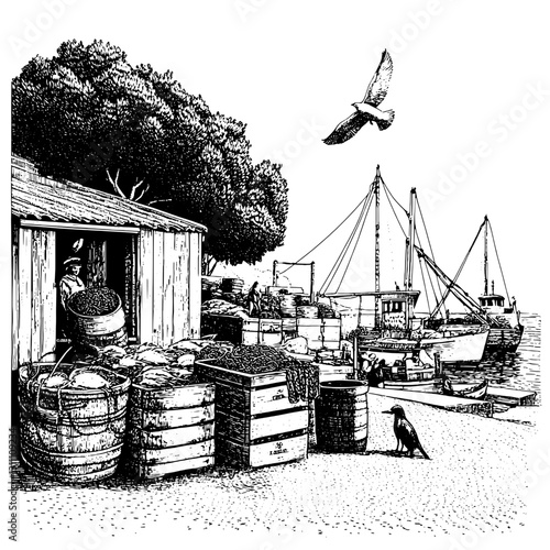 Artistic engraving of a bustling seaside marketplace with fishermen unloading their catch at dusk