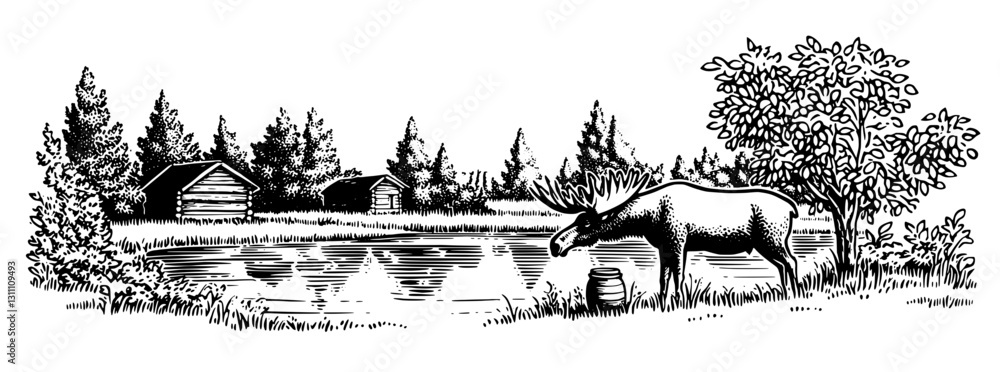 Obraz premium Elegant moose by a tranquil pond surrounded by rustic cabins and lush greenery, capturing the essence of nature's artistry