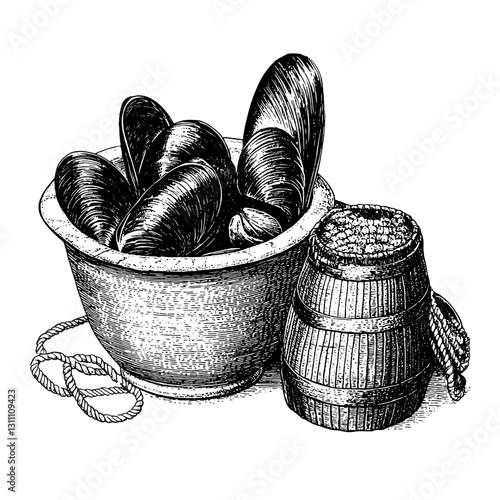 Engraved vector illustration of mussels in a bowl with a wooden barrel for rustic culinary and tattoo design inspiration