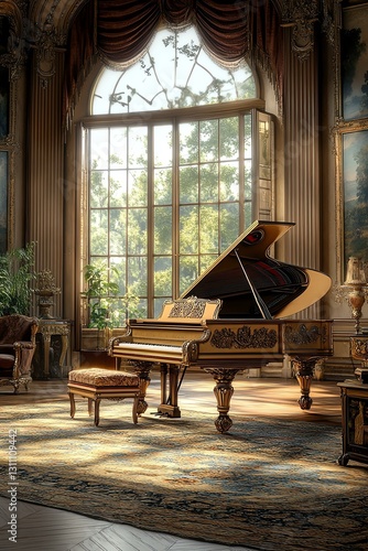 Elegant grand piano placed in a sunlit luxurious room with classic decor.