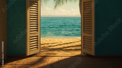 Serene Beach View Through Open Shutters with Palm Leaves and Sand