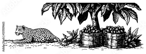 Leopard resting near a bountiful cacao tree with harvested pods in intricately detailed engraving style