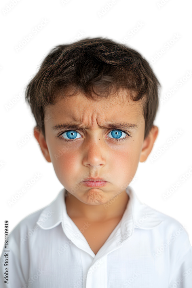 Child with serious expression and blue eyes isolated on white background, kid showing frustration, emotional portrait, childhood and innocence concept. Child with serious expression and blue eyes isolated on white background, kid showing frustration, emotional portrait, childhood and innocence concept.
