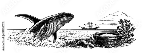 Engraved whale breaching near a historic ship with coastal vegetation in a serene maritime landscape design