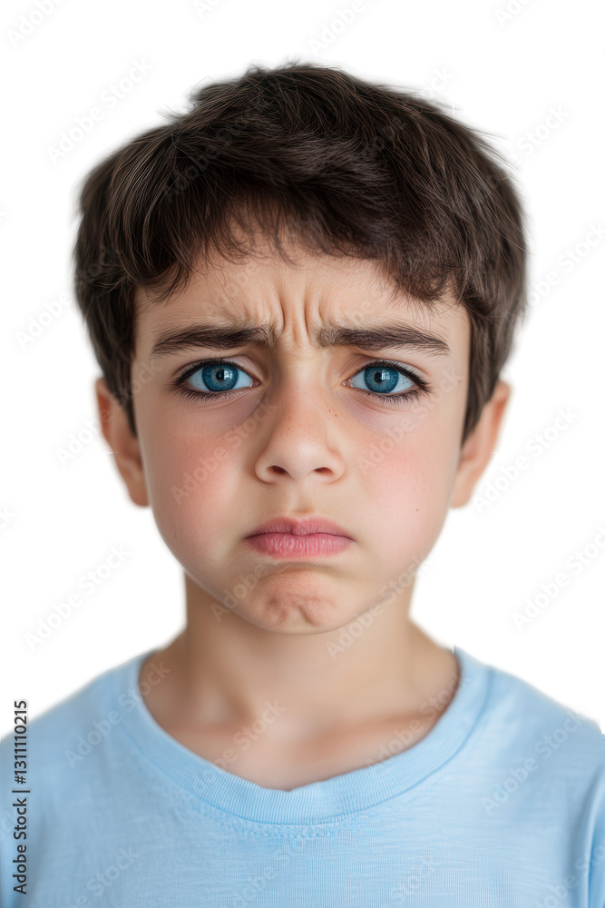 Child expressing sadness with furrowed brow and blue eyes wearing light blue t-shirt on isolated white background, emotional face, childhood innocence, frustration. Child expressing sadness with furrowed brow and blue eyes wearing light blue t-shirt on isolated white background, emotional face, childhood innocence, frustration.