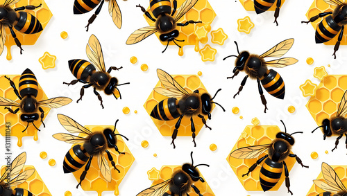Buzzing Hornets in Hive Frenzy - A seamless pattern of hornets swarming around a bustling hive.