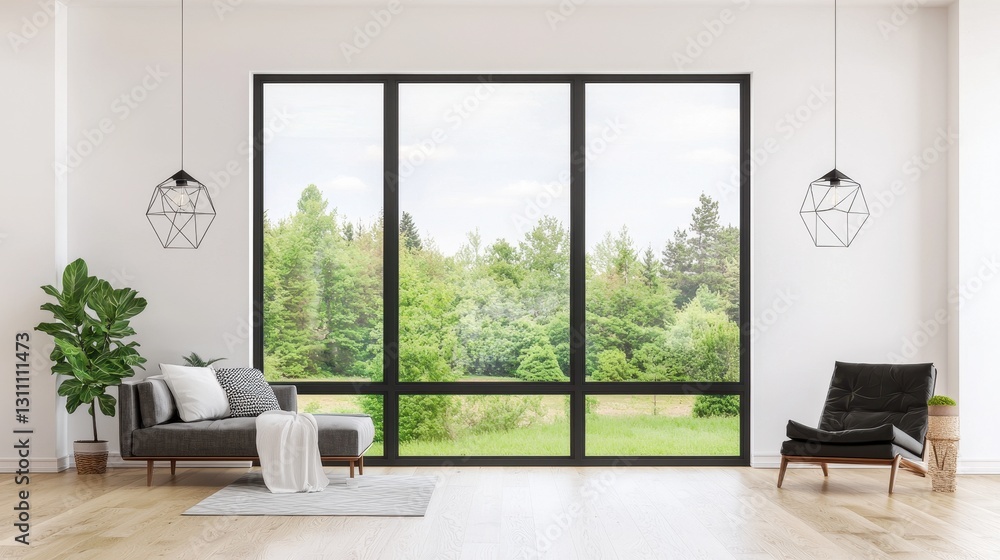 Fototapeta premium Modern Living Room with Large Window Overlooking Green Landscape