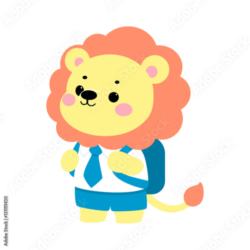 Cute lion wearing school uniform with backpack and tie