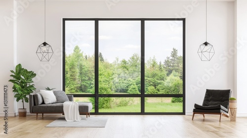 Modern Living Room with Large Window Overlooking Green Landscape
