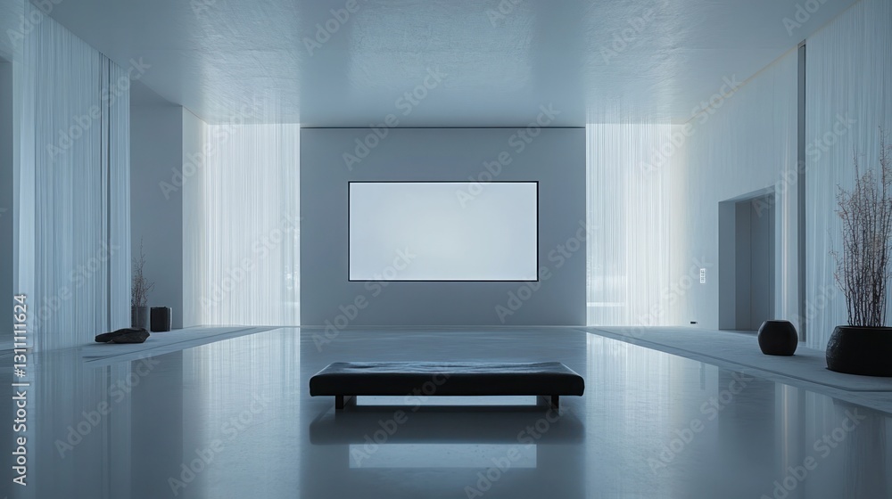 Minimalist modern living room, empty screen, zen decor, calm atmosphere, interior design Minimalist modern living room, empty screen, zen decor, calm atmosphere, interior design