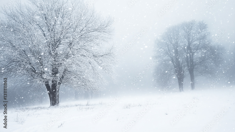 Snowy winter landscape with trees in foggy field peaceful serene cold winter scene grey calm white Snowy winter landscape with trees in foggy field peaceful serene cold winter scene grey calm white