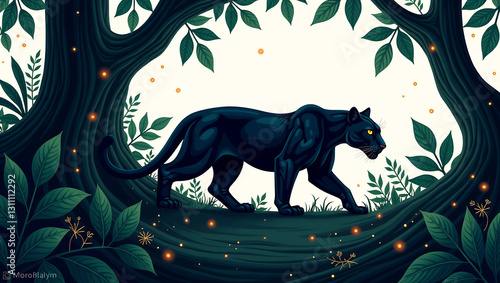 Prowling Panthers in Jungle Shadows - A seamless pattern of panthers stalking through a dense forest.