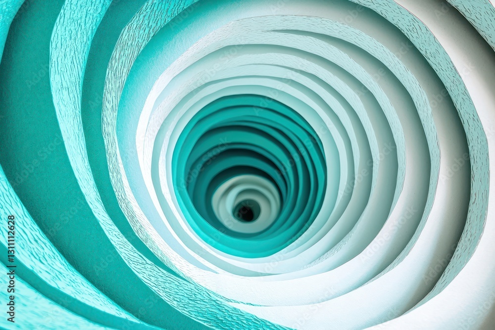 Fototapeta premium High-end minimalist round tunnel in turquoise and white, luxurious cardboard spiral design.