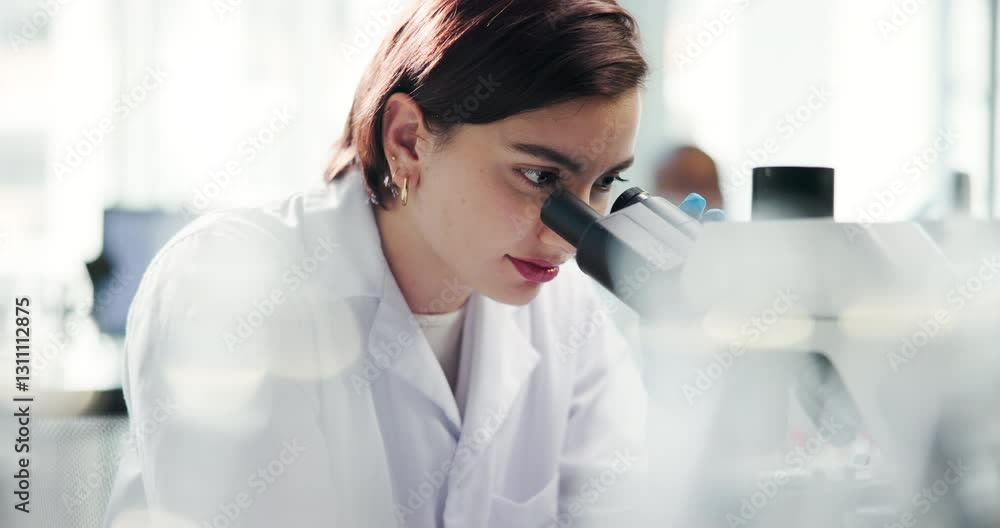 Science, lab and woman with microscope for research, medical study and discovery for medicine. Healthcare, pharmaceutical and scientist with equipment for virus vaccine, microbiology and experiment Science, lab and woman with microscope for research, medical study and discovery for medicine. Healthcare, pharmaceutical and scientist with equipment for virus vaccine, microbiology and experiment