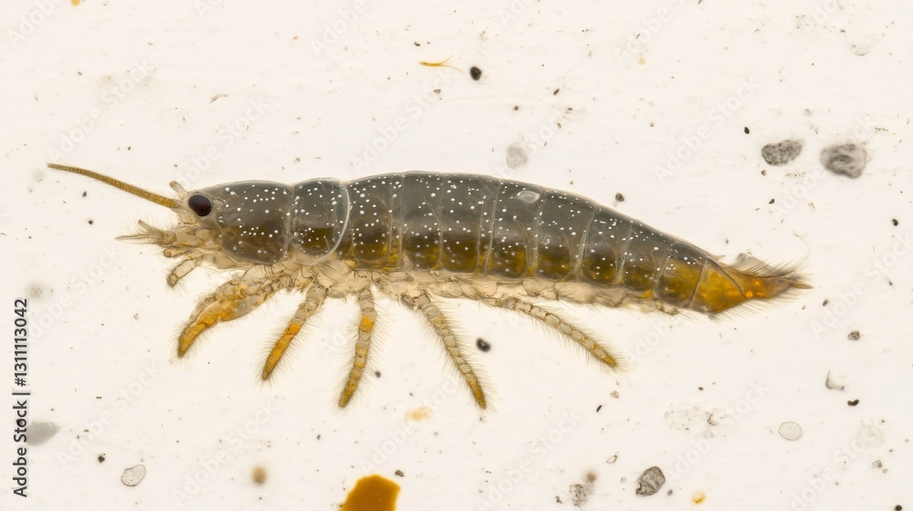 Scud crawling on white background showing exoskeleton and antennae Scud crawling on white background showing exoskeleton and antennae