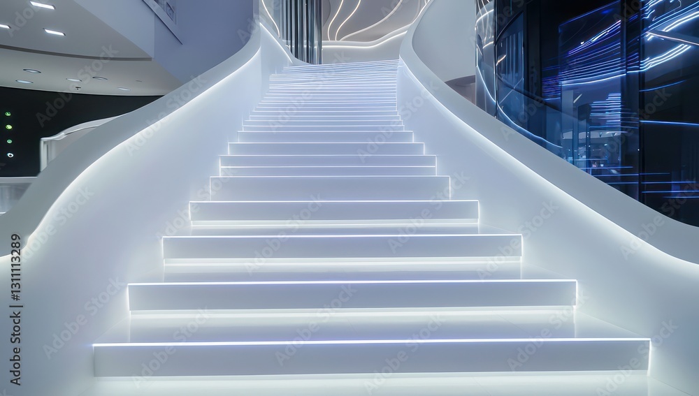 Fototapeta premium Futuristic appeal in modern setting with illuminated white staircase, glowing lines.