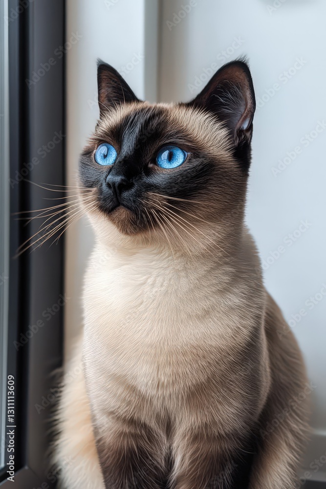 Detailed shot of a Siamese cat with striking blue eyes sitting by the window on a sunny day. National Siamese Cat Day Detailed shot of a Siamese cat with striking blue eyes sitting by the window on a sunny day. National Siamese Cat Day