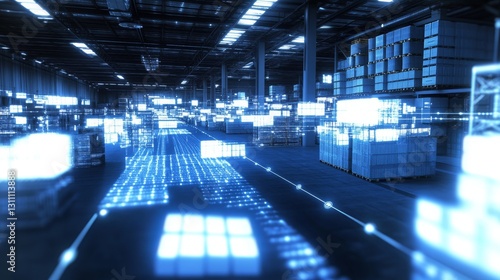 Abstract representation of international shipping network with glowing node points marking major ports and distribution centers  motion-blurred warehouse activities providing sense of constant