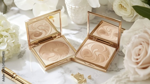 Beige makeup palettes on marble, flowers