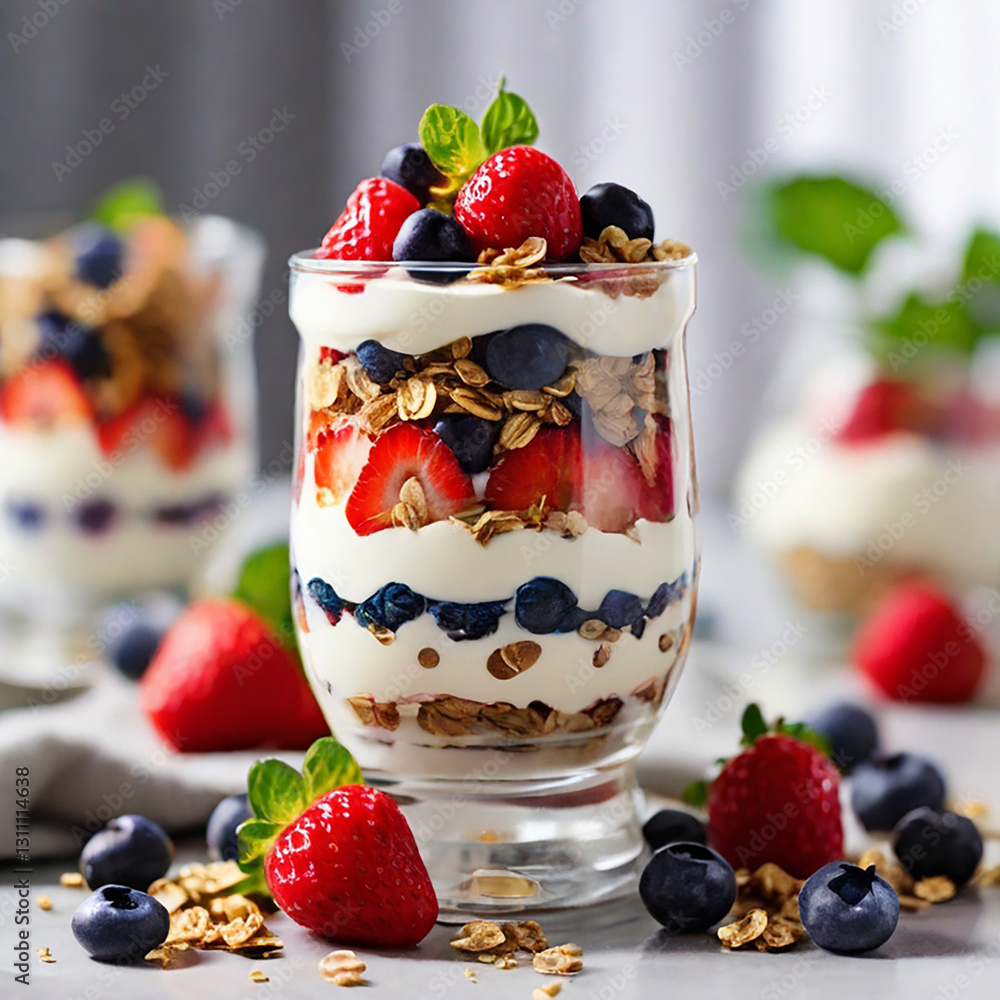 A tall glass filled with layers of creamy Greek yogurt, fresh strawberries, blueberries, and crunchy granola. Drizzled with honey, with a sprig of fresh mint on top. The layers are visually distinct, A tall glass filled with layers of creamy Greek yogurt, fresh strawberries, blueberries, and crunchy granola. Drizzled with honey, with a sprig of fresh mint on top. The layers are visually distinct,