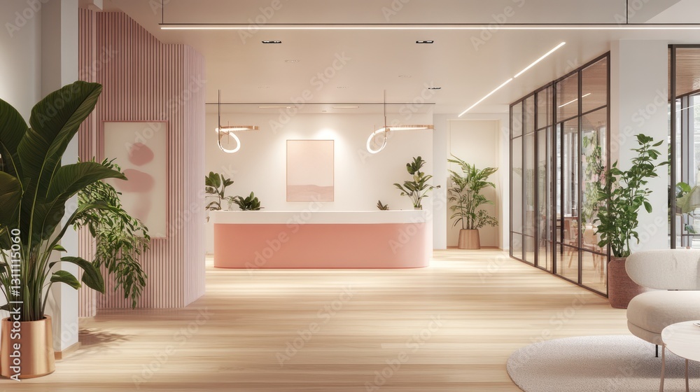 Pink reception desk in modern office lobby Pink reception desk in modern office lobby