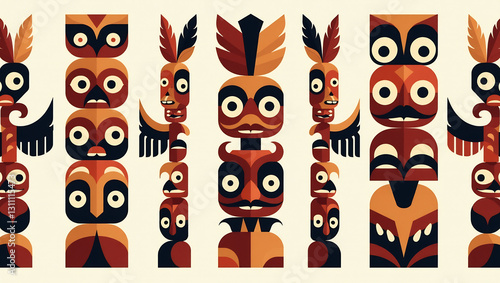 Tribal Totem Symbols - A seamless pattern of abstract totem-like shapes with cultural influences.