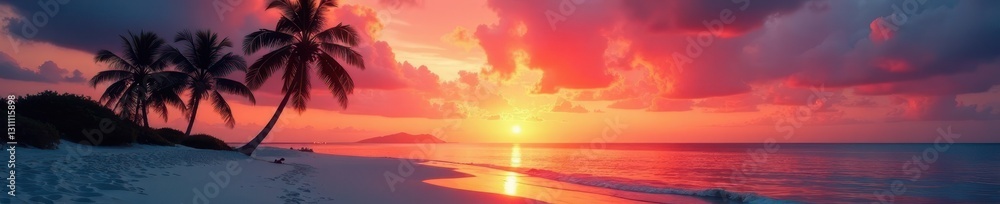 Obraz premium Palm tree silhouette against vibrant sunset over white sand beach, serenity, tropical beach, sky