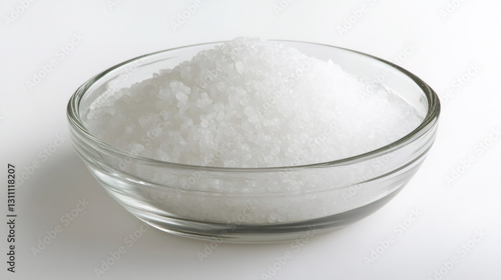Glass bowl overflowing with coarse sea salt crystals on white background Glass bowl overflowing with coarse sea salt crystals on white background