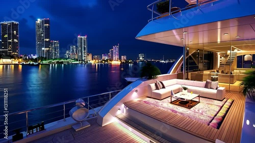 Relax on a luxury yacht as the city skyline lights up at night, featuring elegant seating and breathtaking views of the water