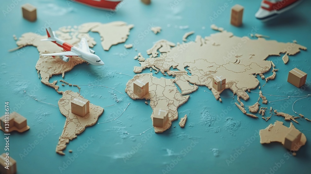 Fototapeta premium Global logistics network map, floating cardboard packages, miniature white aircraft, red cargo ships, dotted route lines, isometric transportation icons, light blue world map background, minimalist