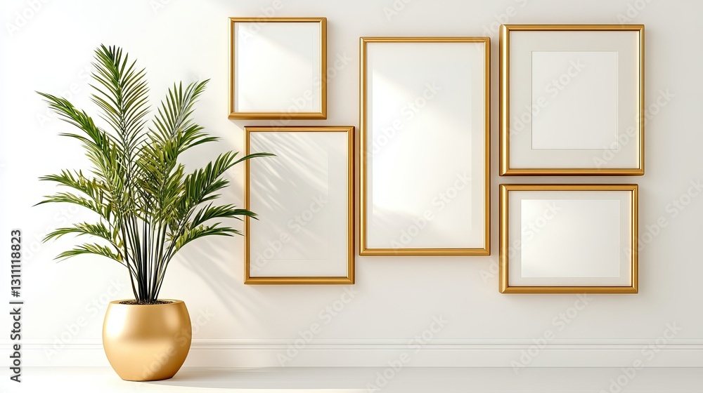 Elegant interior with golden frames and a lush green plant for a vibrant decor. Elegant interior with golden frames and a lush green plant for a vibrant decor.