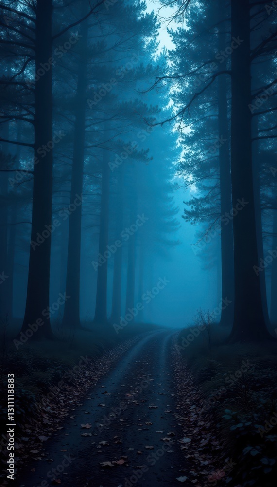 Fototapeta premium Misty forest path, eerie Halloween night Spooky trees, fog, shadows , night, panorama, leaves