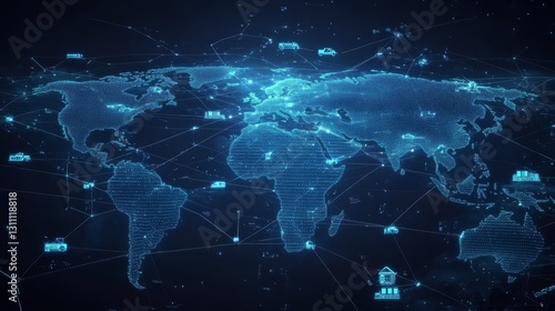 Global supply chain infographic, floating transport symbols connected by pathways, world map outline, contemporary minimalist design, professional business aesthetic, clean geometric forms, modern