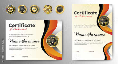 Modern Certificate Template Border Frame in Black And Yellow Color With Badge Vector.