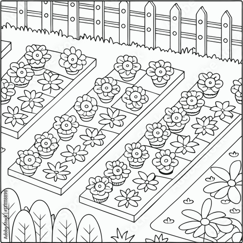 Black and White Garden Coloring Page: Flowerbeds with Potted Plants and Blooms, Fence, Outdoor Scene, Line Art Illustration