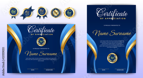 Certificate of appreciation template, gold and blue color. Clean modern certificate with gold badge. Certificate border template with luxury and modern line pattern. Diploma vector template.